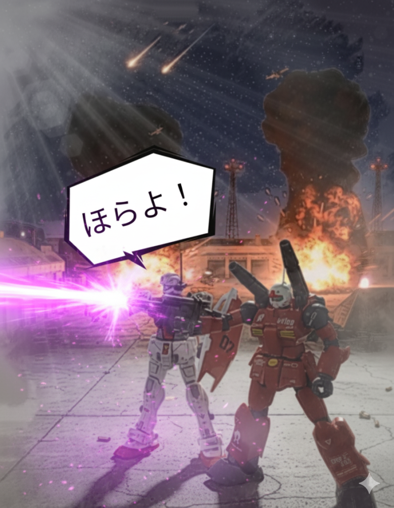 また編集したんで、3作品投稿したように見えてもスルー推奨お願いします、画像編集ソフトでテキトーにビームライフルエフェクト引いてGeminiに頼んだらこれですよ！