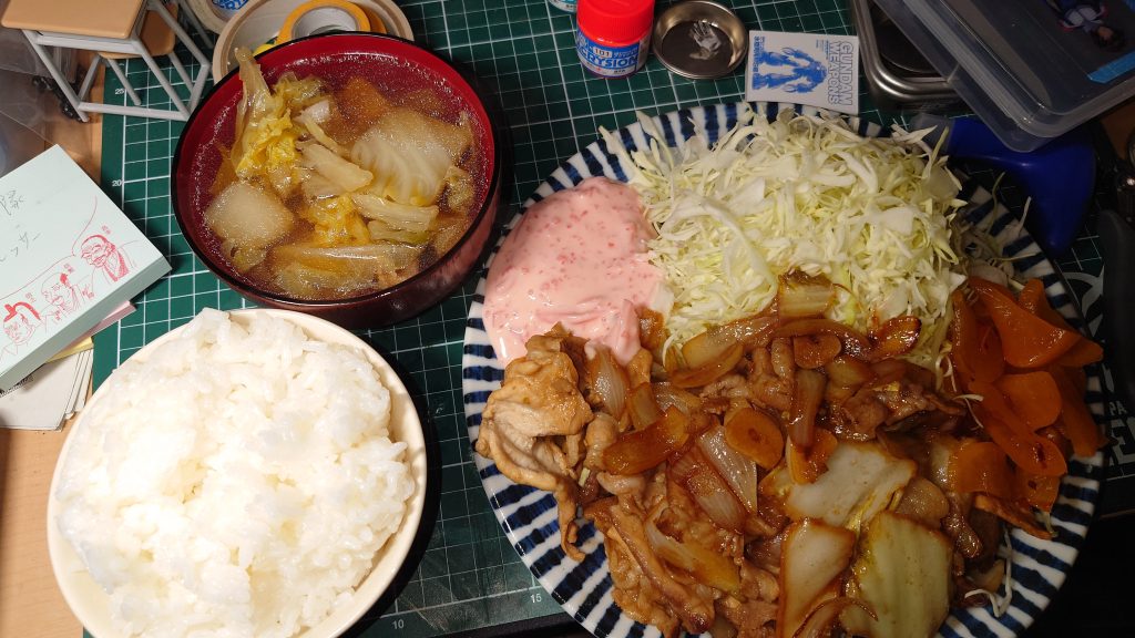 　本日は11月29日、「いい肉の日」　豚ロースで生姜焼き定食（白菜スープとご飯もセット）を錬成…最高に美味しくて、イージスを眺めながら、至福の時間でした　ハイボールと共に堪能しました　さ、次は何作ろう？