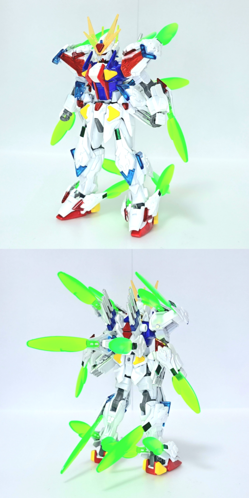 ビギニング50ガンダムエクシードギャラクシーを素体にビギニング30のパーツを付けました。なるべくエクシードギャラクシーの面影が無くなるよう塗装しましたが、どうしても肩のクリアパーツ使いたかったのでそれはほぼそのままです。でも全体的にだいぶ面影残ってます