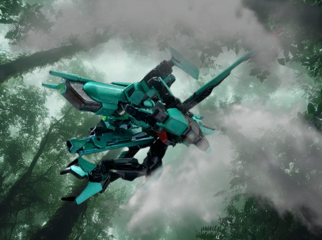 ◯アクション森林の中を狙撃ポイントに移動するために隠密行動をする、ガンダムデュナメス。機体は緑をベースにし、隠密行動のために黒をサブで配色しました。天使でありガンダムなので、白にしようと思いましたが、リアリティの方が欲しかったので黒にしています。形態からわかるように今回はガンダムデュナメスをベースにガザCとミキシングし、デュナメスを砲撃台に変形出来るようにしてみました。