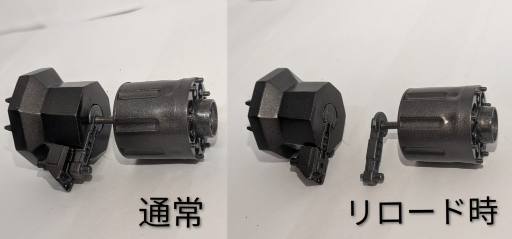 撃鉄を最後まで下ろして、後ろからシリンダーを固定するピンを引っ込めるハンマー前面(多角形の部分)を前にスライドさせるハンマー前面側の軸が出てくるのでそれを利用して元々埋め込まれていたシリンダー側の軸を押し出す