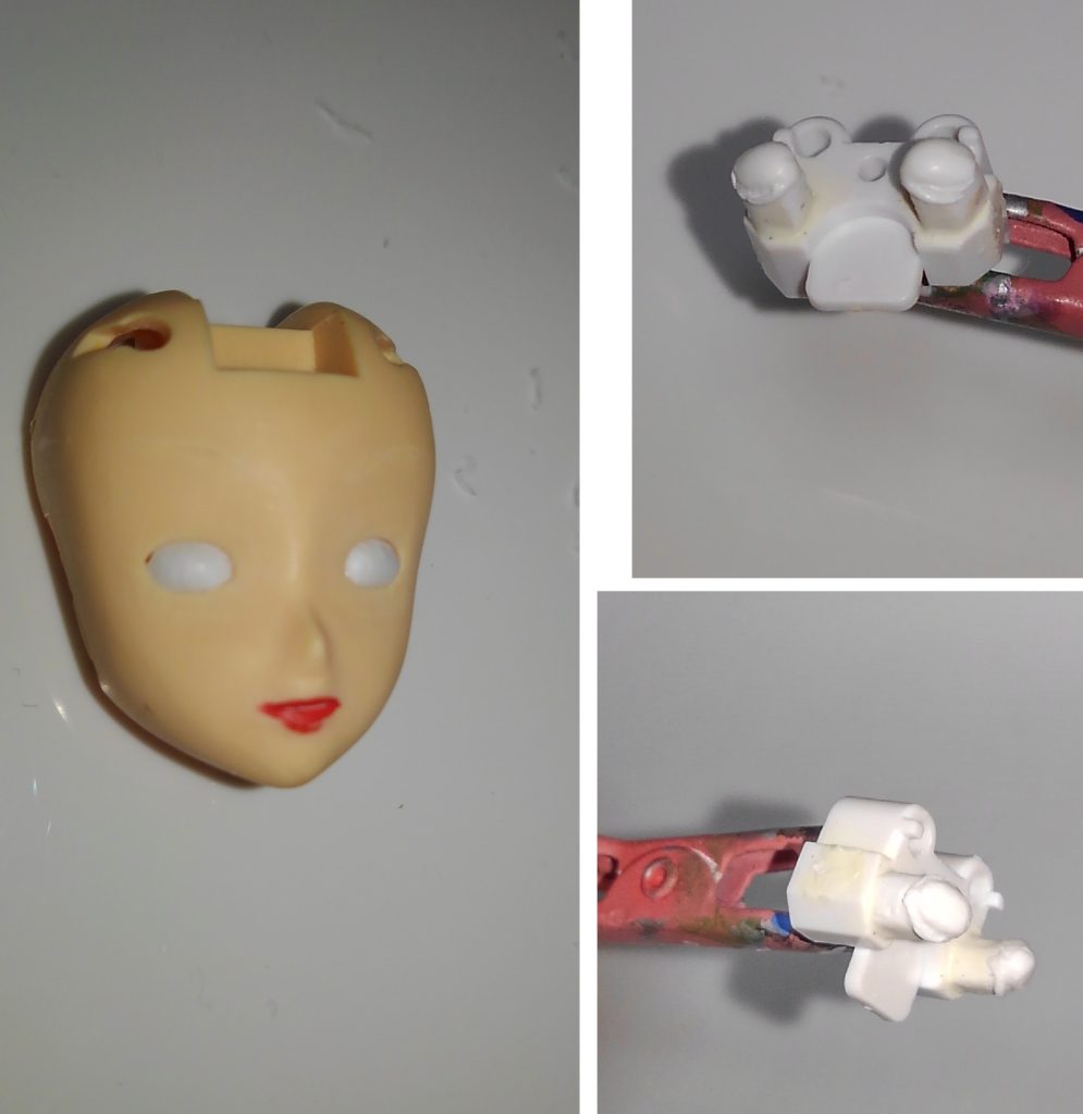 上記の作業後、目パーツを顔パーツに差し込みしっかり押し込みます。接着されると困るのですぐに引き抜きます。これでぴったり型が取れました。ただし眼球が飛び出ているぐらいでないとダメです。表面に皴がでたりしますので、ヤスって整えられるぐらいの量がとびでているのが理想です。目の穴のフチが滑らかにヤスれてないと、抜くとき引っ掛かってうまくいきません。しっかり処理してください。丸一日以上放置して完全乾燥させます。ランナーパテの量次第で乾燥時間は増減します。今回程度の量だと一日で大丈夫かも。