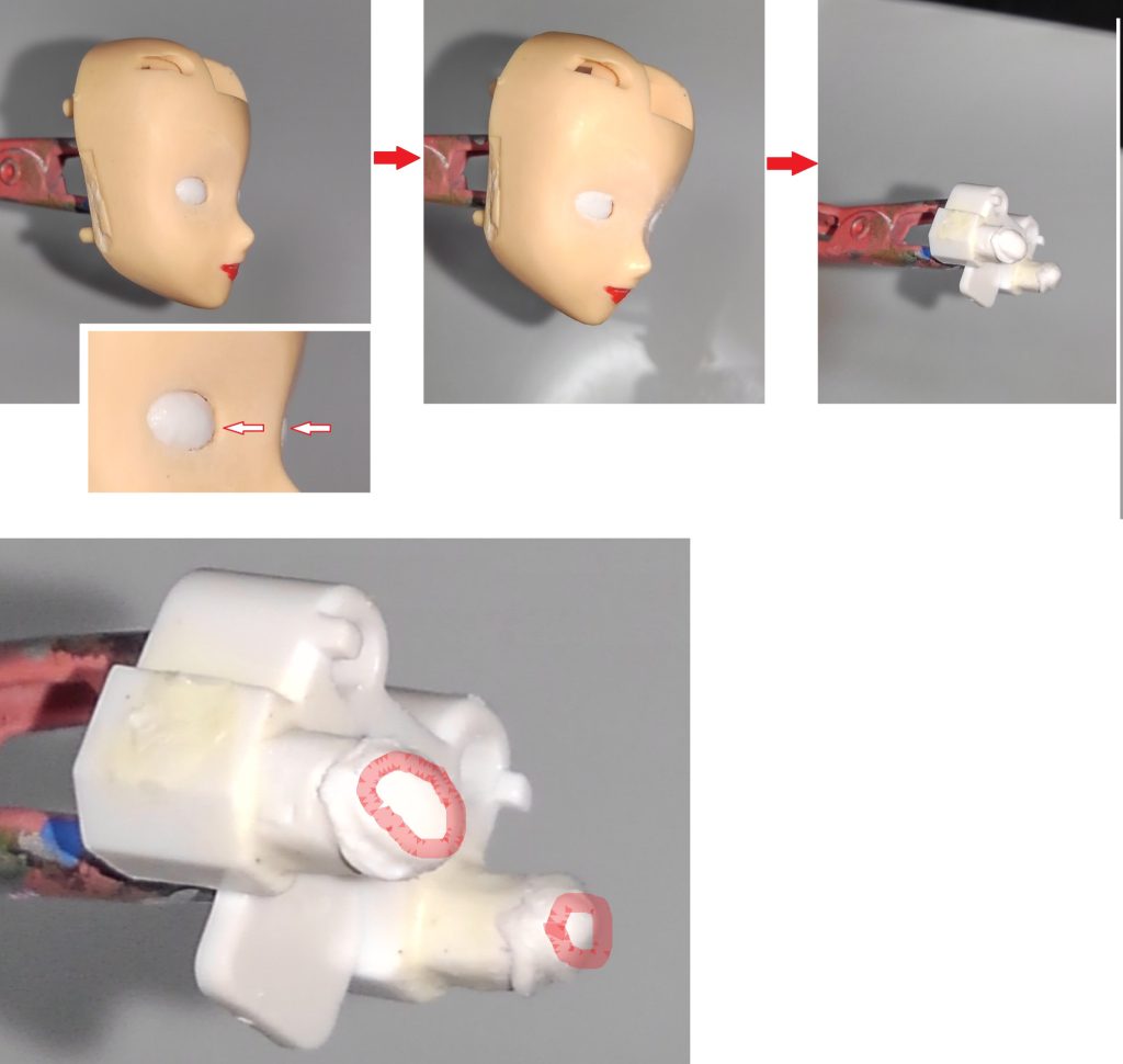 完全乾燥後、顔パーツに装着しながら、目パーツのとび出た部分を600番程度でヤスってへこませます。目パーツを取り外します。写真に赤で示したラインにやすりが当たった部分と当たっていないことで出来た角が立っているので、それを優しくヤスって丸く整えます。この作業で人の眼球らしい丸みになるので、慎重に優しくヤスっていきます。これでペイント前の作業はすべて終了となります。ここまでで手を抜くとこの後のペイント作業をどんなにうまくやっても結果はよくなりません。