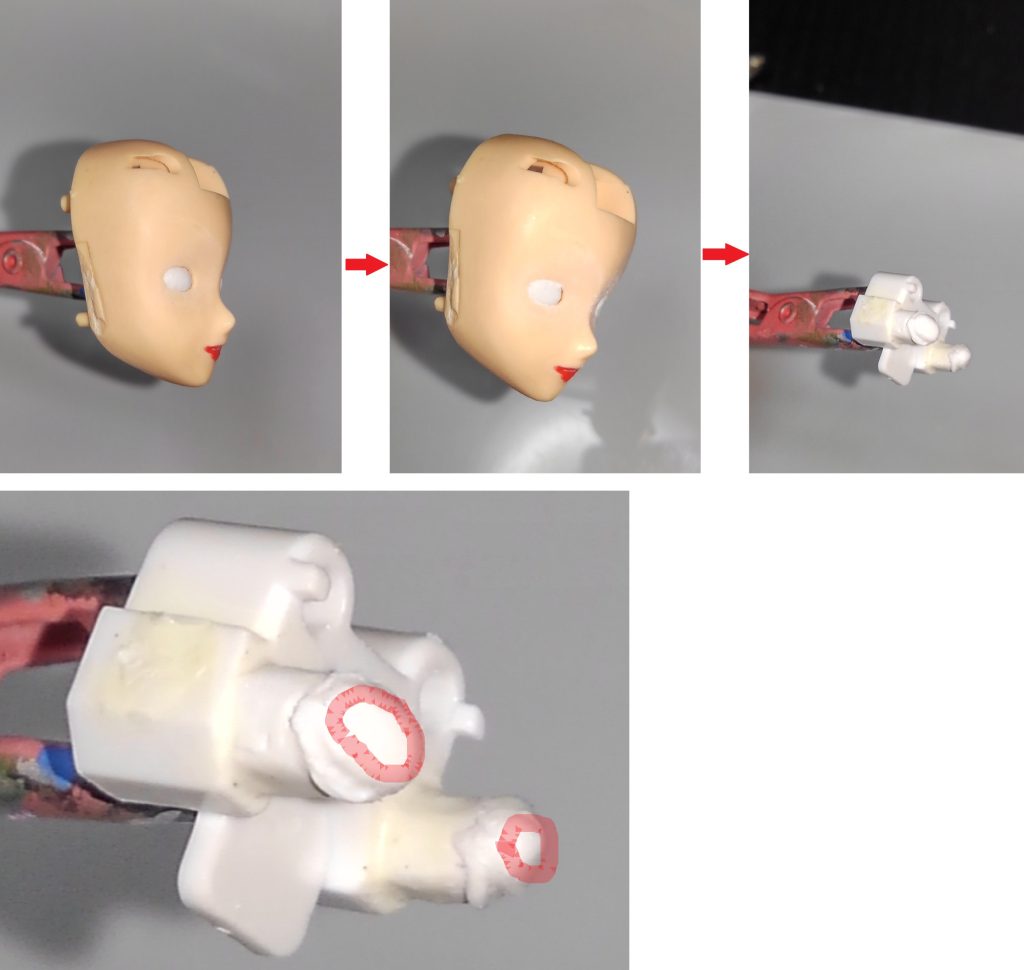 完全乾燥後、顔パーツに装着しながら、目パーツのとび出た部分を600番程度でヤスってへこませます。目パーツを取り外します。写真に赤で示したラインにやすりが当たった部分と当たっていないことで出来た角が立っているので、それを優しくヤスって丸く整えます。この作業で人の眼球らしい丸みになるので、慎重に優しくヤスっていきます。これでペイント前の作業はすべて終了となります。ここまでで手を抜くとこの後のペイント作業をどんなにうまくやっても結果はよくなりません。