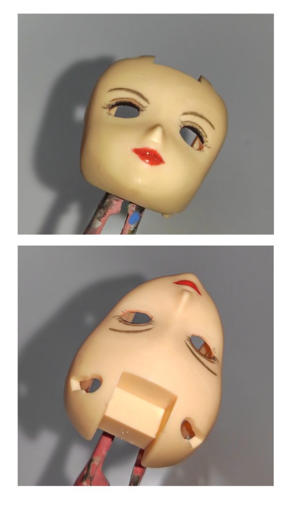 今回は顔パーツの表面ではなくフチを塗装しました。まつ毛側のフチを黒で、下側のフチをオレンジで塗装(薄く)しました。こうすると目の形を自然に強調できます。それと二重のところをかなり薄めのブラウンで塗ってます。