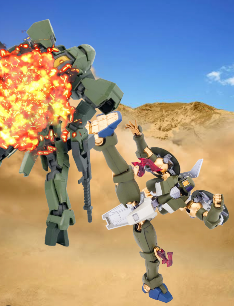 蹴りでグレイズを撃破するリーオー！ということで、リーオーを鉄血風にアレンジした鉄血のリーオーでした。