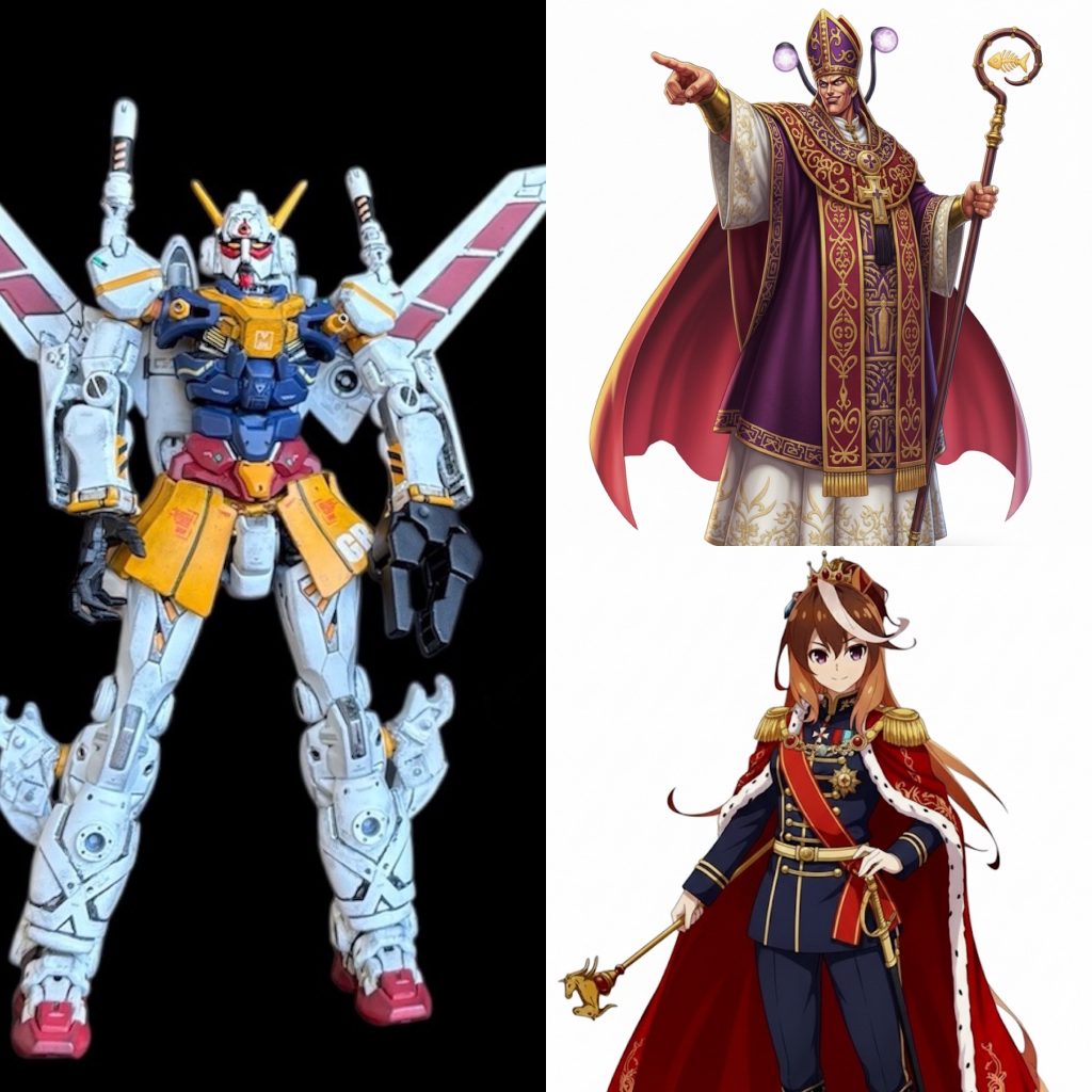 機動戦士ガンガルⅡ序章：偽りの血統、崩壊の序曲ガイドス帝国の帝都は、ガイド教の荘厳な建築物に覆われていた。だが、その権威は今、音を立てて崩れようとしている。最高権威者である教皇オジャコウの声明は、帝国の歴史の根幹を揺るがした。「初代皇帝ルドルフ・シンボリの血統は、偽りである」その言葉は、奴隷解放という高潔な理念の上に築かれたガイドス帝国の正当性を完全に否定した。皇帝シンボリの統治は、瞬く間に瓦解し、ホリック共和国との戦時下において、帝国の領域は内戦状態に陥った。大聖堂の奥深く、教皇オジャコウは静かに報告を聞いていた。「教皇様、長らく正統継承者の捜索を続けておりましたが、所在が判明いたしました。ナント王国の血統を持つレイ一家は、現在、敵対するホリック共和国領内に、自力で潜伏中とのことです」オジャコウは冷たく微笑んだ。彼の目的は、ガイド教の権威を世俗の権力の上に置くこと。純粋な奴隷解放を信じるシンボリは、彼の道具となることを拒んだ。この意見の食い違いこそが、オジャコウがシンボリを裏切った理由である。「ガイドス帝国は、伝統と血統によってのみ、真の秩序を得る。レイ一家を速やかに確保せよ。そして、偽りの皇帝（シンボリ）には、真の歴史の終焉を教えてやれ」ホリック共和国では、レイ一家が自らの手で潜伏先を確保し、その血統の持つ真の価値を共和国に悟られぬよう、孤独な逃亡を続けていた。ホリック共和国は、ガイドス帝国との戦況に翻弄され、レイ一家が自国領内のどこに潜伏しているか、そしてその血統の持つ真の価値を、まだ理解していなかった。 第一章：赤い彗星の消失砂漠の夜、ホリック共和国軍の極秘実験場は張り詰めた緊張に包まれていた。超巨大な謎の機体「ジドム」とモビルフォース「強化改良型ガン・リーガル（ガンガル）」の影が、それぞれサーチライトに照らされている。その性能は、両開発チームの誰にも予測不能な未知数だった。ガンガルのコクピットに座るのは、仮面の男、カスミ・シロウ。敵味方から「赤い彗星」と恐れられる共和国軍のエースパイロットだ。シロウの「天命」は、ガイド教教皇オジャコウの独裁を阻止すること。この未知の可能性を秘めた機体は、その使命を果たすために相応しい機体だった。「少佐、まもなく最終フェーズに入ります。データフィードバックを最優先してください。それと、ヘッドチェンジは起動させないでくださいね。」シロウ「了解。ところで、あの新型のパイロットは誰だ？ジドムなら黒い三連星か？」「ワカモト研究所から来たテストパイロットらしいですが…」司令官室からやや小声で緊張した声が届く。シロウは無言で応じ、操縦桿を握りしめた。まず、ジドムが起動していた。が、高周波の奇妙な唸りが実験場全体を包み込み、光がねじれ始めた。それは、ホリック共和国軍が予測したどの現象とも違う、物理法則を超越した異変だった。空間そのものが、ひび割れた。「何が起こっている！？ヘッドチェンジは起動していないぞ、 重力場、空間座標、全てが不明だ！」管制官の一人が叫ぶ。シロウはガンガルを直ちに起動し、ジドムの元へ向かう。「またしても私の前で暴走するか、強力人間のパイロット！」巨大なジドムとの交戦中、シロウの視界は、過去と未来、世界の「乱れ」が混在した色に飲み込まれた。「トキが見える…」ガンガルは、時空の歪みに引き込まれ、一瞬のうちに砂漠の夜空から跡形もなく消失した。ジドムは半壊して停止。司令室は静寂に包まれた。ホリック共和国の強力な戦力は、未曾有の謎によって姿を消した。つづく？