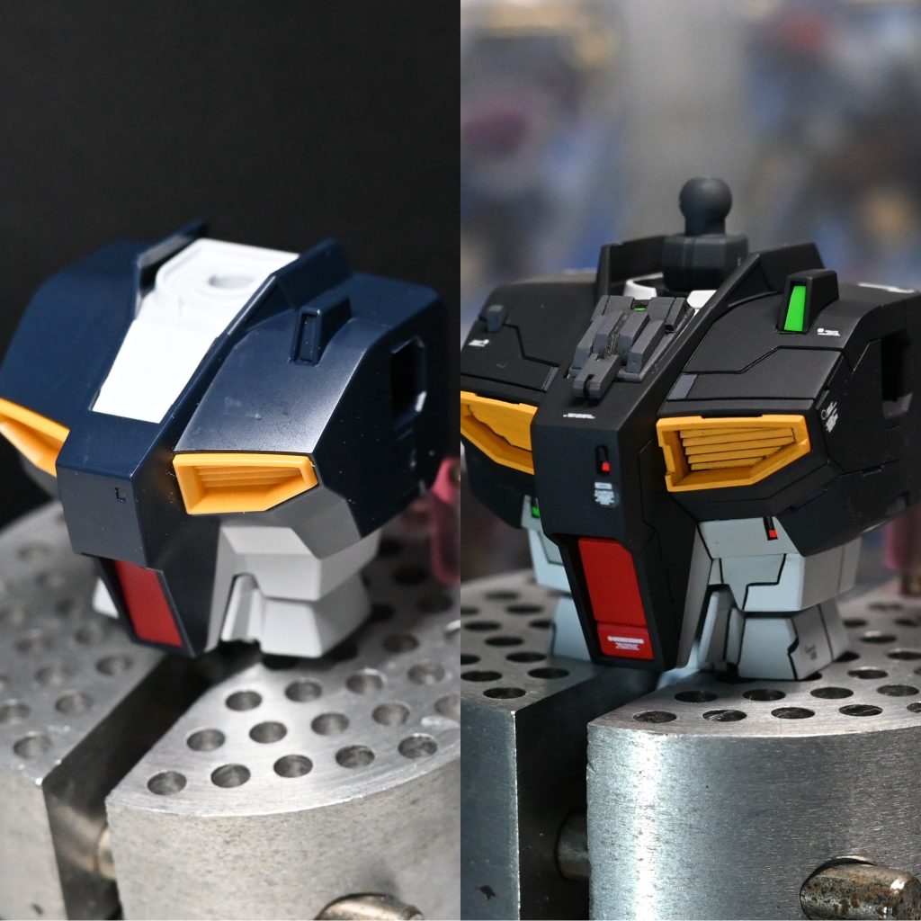 つや消し前の胴体とのビフォーアフター。ダクトパーツは形状を変更。胸元にはメカフレームパーツをプラ板で自作して設置。そのほかスジボリやレッドチップの配置で情報量を追加しています。