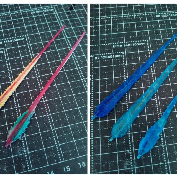 RGのhi-νの制作の進捗。【エフェクトビームサーベルの制作】余っていたビームサーベルにプラ板で土台を作り、エポパテをもり、削る。お湯まるUVレジンで複製し、蛍光ブルーで上塗り。UVレジンは、ブルーとクリアの2種を制作。【胸部ディテール改修】顔のイカツサに負けてるのでwコクピットハッチまわり、ダクトまわりを弄る。・コクピットハッチの横の幅増し、2つの穴をディテール足し、コクピットハッチのディテール追加。・ダクト下のジョイントむき出しをプラ板で蓋。・脇したの排気穴をエポパテでふさぐ。【追記】お湯まるレジンの型作り風景wお湯まる下側(クリア)に型のビームソードと合わせた時のガイドになるもの付けて(2か所あったほうがずれないけど、1個でやった)冷やして固まったら、メンソレータムみたいな離型剤になるものを表面に塗って、お湯まる上側(紫)を上から被せて冷やす。(2枚目)