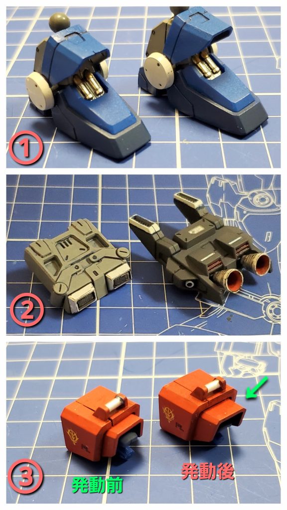 では今回の頑張りポイント～🤩✨①全く見えなくなる足首にあるシリンダーもシルバーとゴールドで塗装しました🤭💦②バックパックは重ねて二重構造なので下になる陸戦用ランドセルのディテールは見えなくなるのですが、キッチリ墨入れしちゃいました🤣③旧HGUCはEXAM発動による肩アーマーのスライド機構がないので、リヴァイブ版みたいにしたかったのですが、加工が下手くそで再現出来ませんでした…😢💦なので、ジャンクと化した過去のBD２号機の肩アーマーを持ち出しEXAM発動前、後の２つを制作し差し替えで再現しました🤭🎶