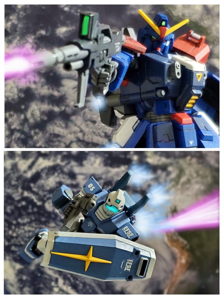 その中でBD２号機が放ったビームライフルを冷静に回避する１機のジム❕他の機体に比べ機体性能と操縦技術が吐出している。どうやらエースの機体のようだ。