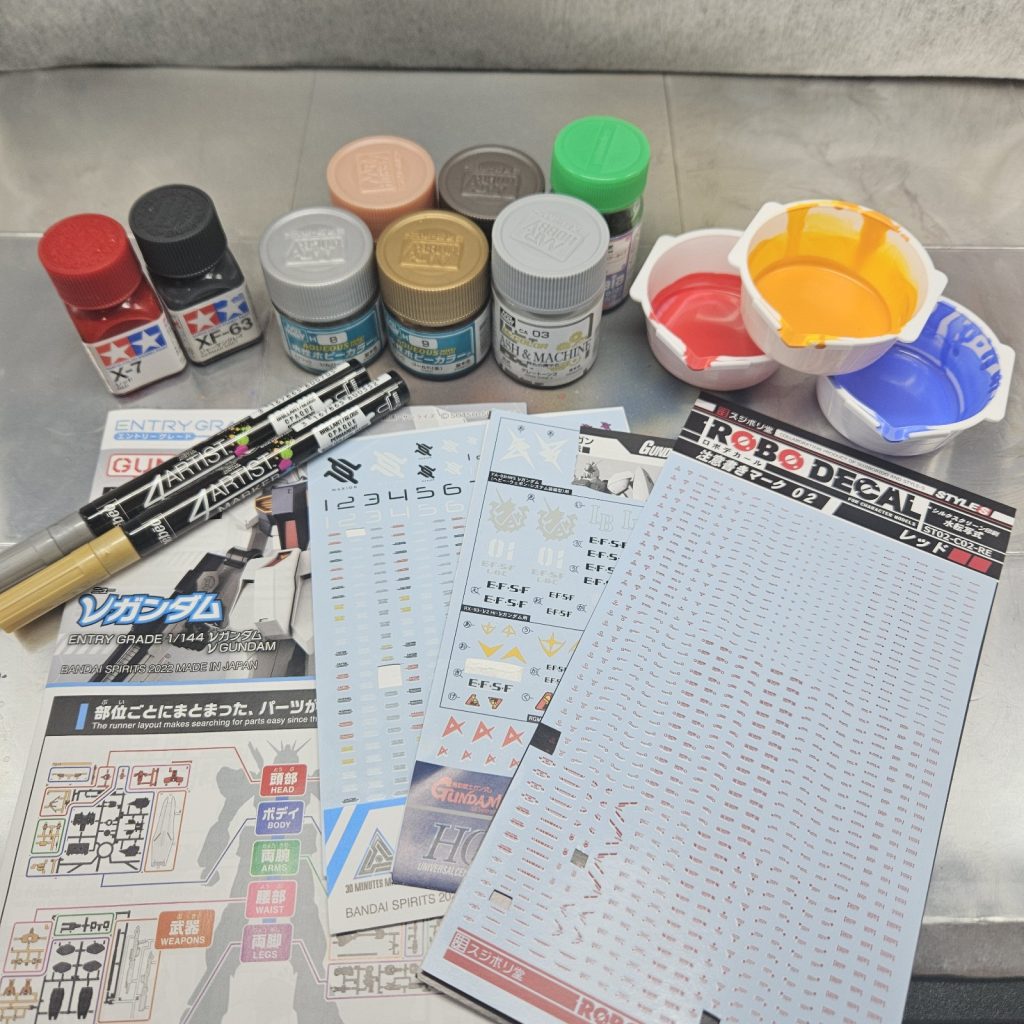 使用マテリアル類（一部紹介）30MMのデカールが最近のお気に入りです。鈍色の機甲色なるシリーズの塗料も使用してみました。
