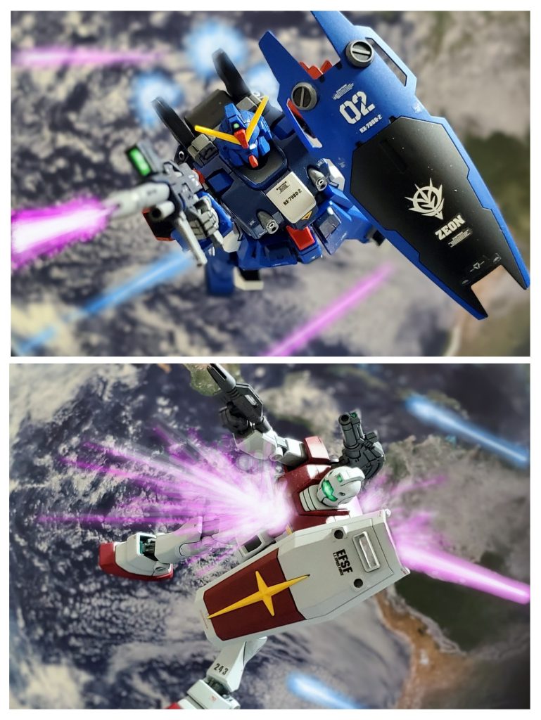 BD２号機に群がる連邦軍MS部隊。次々に撃ち込まれるビームの射線を躱しながら切り上がり、ビームライフルを放つニムバス大尉。BD２号機の放ったビームは迫りくるジムを貫き撃破する💥BD２号機はRX-78のパーツを流用した陸戦型ガンダムをベースにしマグネットコーティング技術も施され機体性能は現時点で高水準に達している。イフリート改では得られなかった機動性と機体スペックに心の中で歓喜するニムバス大尉であった。