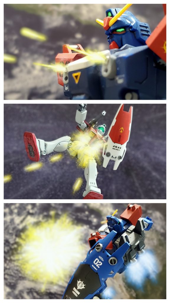 猛攻を掻い潜り連邦MS部隊の中心に入り込み、驚異的な強さを示すBD２号機。そして近距離で胸部に装備された60㎜機関砲をジムタイプに撃ち込む。RX-78に装備された頭部バルカン砲と同等の装備で集弾すれば威力は十分❕囲まれる中で、また１機撃破してみせるBD２号機🌠多対一にも関わらず、落とせないどころか仲間を次々に撃墜され焦りをみせ始める連邦MS部隊。