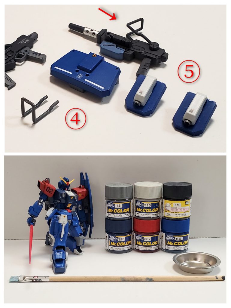 ④ビームライフルは唯一の射撃武装で、戦闘時に捨てる訳にもいかないので、マウント出来るようにしたかったので腰裏アーマーにホルダーを設けてみました🎵どうやって脱着させよ～🤔💦と考えた結果❕アーマーにピンバイスで穴を開け、マシンガンの稼働パーツ？を流用してホルダーとしました🤭✨⑤腰サイドアーマーにマシンガンの弾倉が付いているのですが、マシンガンを携行させてないので丸いバーニアパーツを下側に付けて、サブスラスターとしてみました😎👍️そして、今回の使用カラーの公開です😆🎵調合はせず、全部ストレートに筆塗り全塗装しました。ちなみに塗装に使用した筆は画像にある平筆？一本のみです🖌️✨いつも筆サイズを替えたりせず、ほとんどこの一本で仕上げてます🤣💦