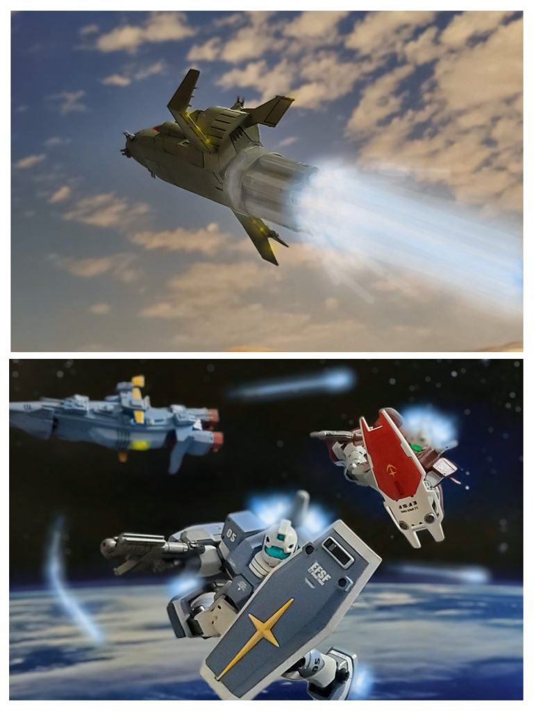 BD２号機奪取の報告により、突撃機動軍本部よりグラナダへの帰還命令がニムバス大尉に下る。BDが宇宙での連邦軍との決戦で大きな戦力になると判断されたようである。連邦北米方面軍の侵攻により戦場と化しつつあるカリフォルニアベースの友軍に感謝しつつ、ザンジバル級にBD２号機を載せ、ニムバス大尉は宇宙への脱出を図るのであった…🚀そして、宇宙に上がったザンジバル級は衛星軌道上に展開する連邦軍一個艦隊と遭遇する…。オデッサ作戦以降、制空権確保のため衛星軌道上は激しい激戦区と化していた。次第に連邦軍が物量を生かし優勢となり、今ではモグラ叩きをするかの如き連邦軍部隊によるジオンの狩り場となっていた。単艦で地上より上がってきたザンジバル級に、獲物が来たとばかりに意気揚々と艦隊よりMS部隊が発艦してくる。