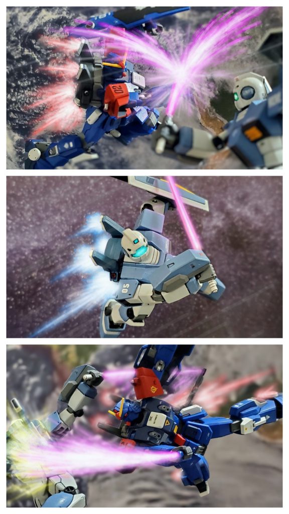 魔神の如き力の前に仲間が散っていく中、それでも退かず果敢にBDに挑む連邦のエース機。両者のビームサーベルが激しく激突し目映い閃光を放つ❗連邦エースは経験値が高いのか冷静に相手を見据えBDと対峙。そして機動性を生かしビームサーベルを構え旋回しつつ再びBDに接近する。『なかなかやるな。連邦のエース❕だがっ‼️』良い切り上がりで飛び込み、ビームサーベルを振り抜くジム❗しかし振り抜かれたサーベルを見切り寸前で躱すBD２号機。そして、すれ違いざまにビームサーベルでエースのジムを両断し撃墜するニムバス大尉であった。