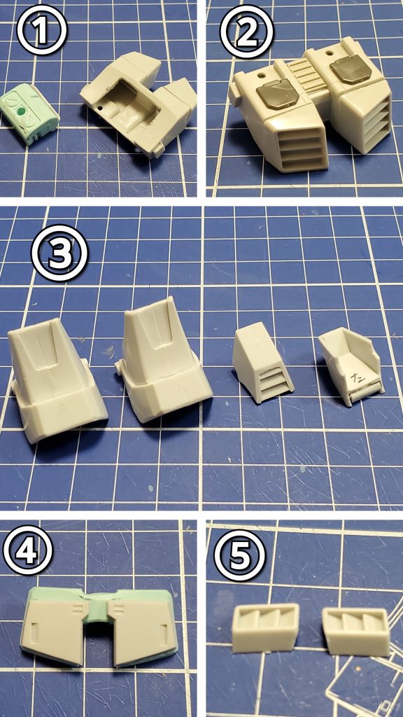 今回の改修ポイント~🤩🎵①②バックパックはその形状をそのまま流用しディテールアップを加えました👍️そして背中への接続には元々のランドセルを形状を整え内部にはめ込んで、難なく背負わせました~😙🎶③今回の第一の難所、脚部膝スネパーツ処理‼️どのように移植するかさんざん悩んだ結果、分割して無理やり取り付ける手法を選択しました~🤣💦ジム本体の膝部分も大きく削り開口❕膝パーツを接着出来るよう調整しました🤭また、本体のスネ部分には切り取ったアンクルガードを土台にするため装着。目指す理想のスナカスらしい足首になるようにしてます🦶✨④前掛けのアーマーパーツ❗これは旧キットから切り出して接着面を整えて合わせました🎵⑤胸部ダクトはコクピット側になる面の角度を削って調整してます👍️✨