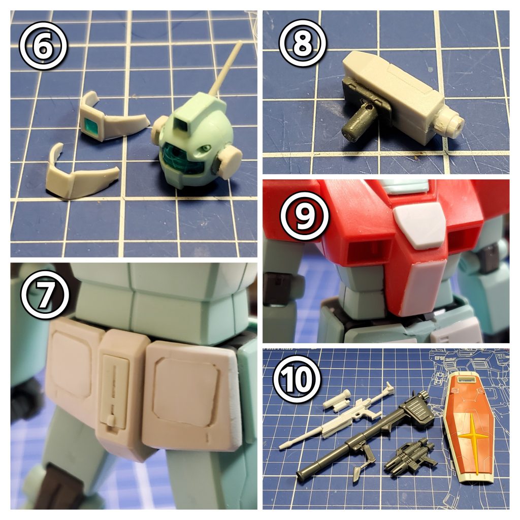 ⑥第二の難所となったのが頭部バイザー移植😱💦旧のサイズではHGUCには大き過ぎて合わないので分割して装着💦そして横から見た時、上バイザーが下バイザーより前に出てるように改修しました✨これをしないとカッコいい横顔にならないと思ったもので🤭🎶⑦腰裏パーツはガンダムのものを採用🎵これは二連装ビームガンとハイパーバズーカをマウントする都合です🤣⑧スナカスの特徴的なサーベルBOX❗サーベル基部にはビームサーベルの先端部分をそのまま移植。腕への装着にはシールドの接続パーツを改修して取り付けました😎✨これにより左右どちらの腕にも取り付け可能となりました💪⑨台形の胸部センターパネル❕旧キットより削り出して貼り付けました。コクピットのBOX形状は、いつものプラ板貼り付けで表現です🎵⑩各種兵装準備🎶なんといっても必須の装備、二連装ビームガンとR-4ビームライフル。二連装ビームガンはHGUCで余りがちのスプレーガンを加工して上下ドッキング🎵R-4ビームライフルは旧キットのものを、そのまま採用しています😊さらにハイパーバズーカとシールドも用意で装備を充実させました🤭✨