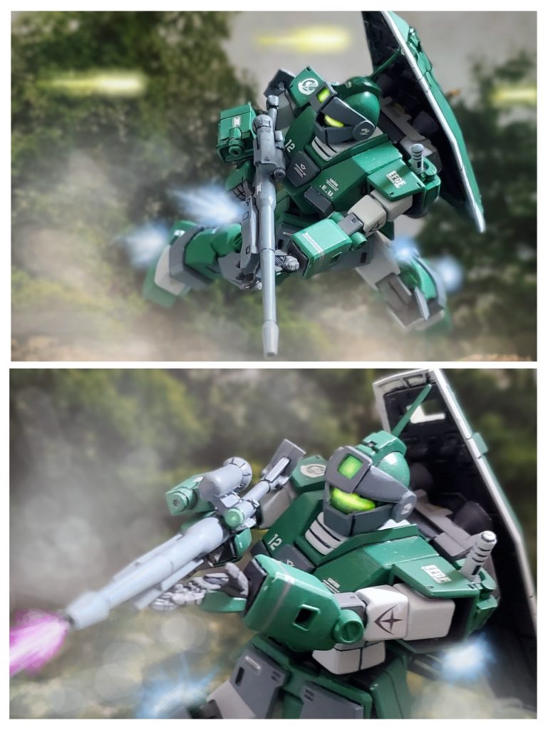 ヨーロッパ方面MS大隊はオデッサ鉱山基地へ向け、北欧に点在するジオン制圧エリアを奪還しつつ進軍。ロン・コウ少尉も新型機ジム・スナイパーカスタムを得て、山脈と森林に囲まれた自然豊かな北欧エリアで奮戦。その戦闘の中でロン・コウ少尉は機体性能を完熟していく…。ザクのマシンガン弾を容易に回避するロン・コウ少尉。ジム・スナイパーカスタムの特筆すべき性能の1つは機動性能。大型化されたバックパックのバーニアスラスターに加え、脚部に備えられた4基の追加ブースター。これにより地表での高速ホバー移動に匹敵する大きな推力、機動力を獲得していた✨そして火力面では標準装備の1つとして中近距離射程の R-4ビームライフルが開発された。RX-78 のビームライフル並みの威力と命中精度を備えており、高機動戦闘でその力を発揮していた。