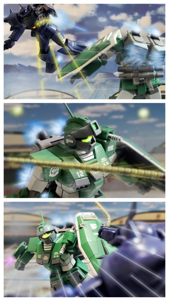 連邦MS部隊をすり抜けジム・スナイパーカスタムに強襲をかけるグフタイプ。左腕の5連装マシンガンが火を吹きスナイパーカスタムを襲う。警告アラームに素早く反応しロン・コウ少尉は間一髪で回避する👍️さらに着地から即座に次の攻撃を繰り出すグフ。ヒートロッドを巧みに操り、反撃の糸口を与えない猛攻で迫る。手強い相手と認識したロン・コウ少尉は、ヒートロッドの連撃に対し防戦回避に徹し攻撃の隙を探る。そして鞭が伸びきった瞬間、カッと目を見開くロン・コウ少尉❕『ここだ‼️』バーニアペダルを強く踏み込み一気に前に出るジム・スナイパーカスタム‼️