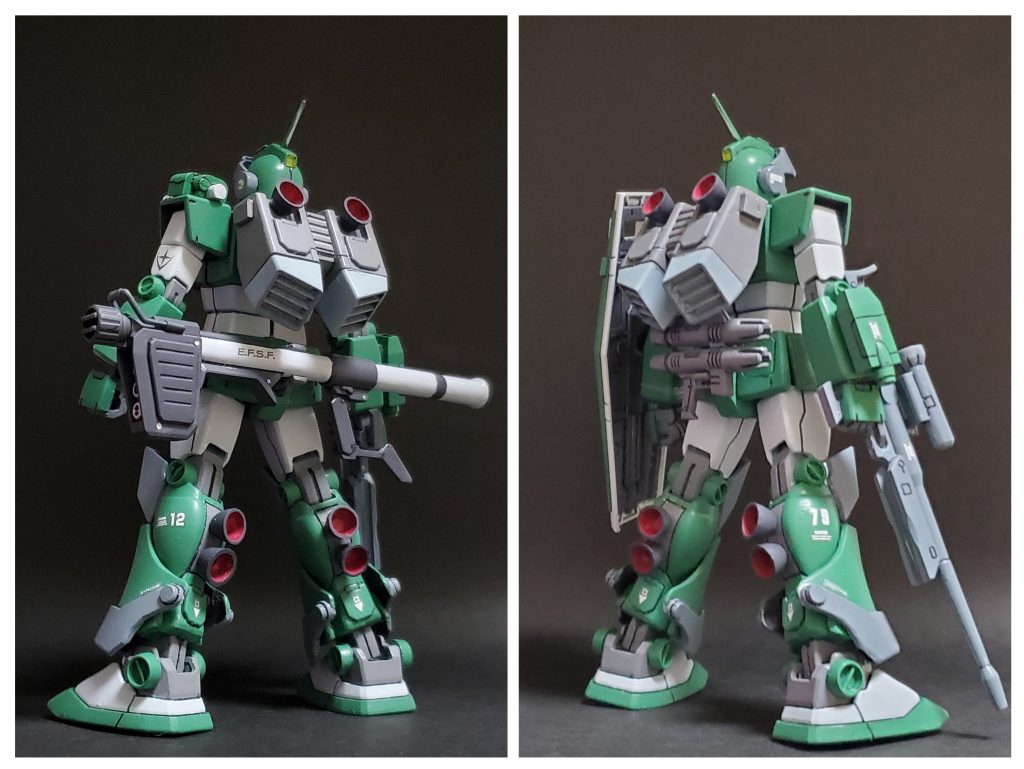 こちらが back shot ~👍️✨今回も仕様とカラーリングは悩みました🤔💦一般的に多いのはバックマイヤー仕様ですが、そのスタイルは多くの凄腕モデラー様の方々が制作しておられるので、私は滅多に見ないロン・コウ仕様として妄想イメージぶっ込みで仕上げました~🤭🎶ロン・コウ仕様の特徴としまして、二連装ビームガンを腰裏にマウント。標準シールドを装備👍️そして、左肩に予備ビームサーベルを配置しました😎カラーリングは少し明るめのグリーンを目指して調色。大好きなターコイズグリーン🟩に深緑色を少し混ぜて使いました👍️いつも通り筆塗り全塗装🖌️🎵つや消しスプレー仕上げとなっております😌