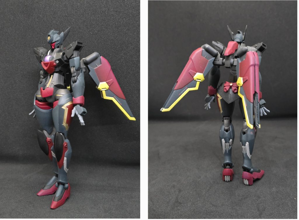 カラーリングはロボット魂のマスターガンダムを参考にし、アニメより少く暗い感じに仕上げましたもともとＤＧ細胞侵食化ノーベルガンダムを作ろうと思ったのがきっかけで、その名残でリアスカートにリボンがついてます