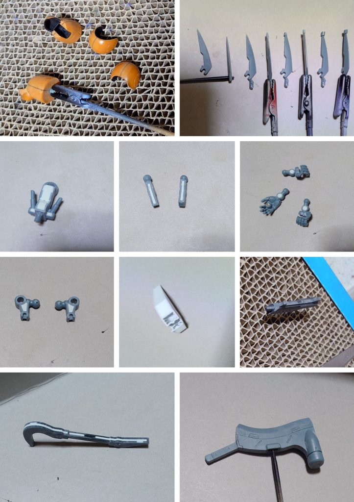 合わせ目消しと肉抜き穴埋めの様子。合わせ目消しは肩アーマー、クラブロディ前腕、腰リアアーマー裏側の3連スラスター、マシンガン、余剰パーツのハンマーチョッパーに実施。肉抜き穴埋めは肩関節、手首フレーム、腰フレーム、腰フロントアーマー基部裏側、バール、クラブロディ用シールドジョイントに実施。これ以外の合わせ目については、合わせ目を削って強調、ディティールに偽装しています。