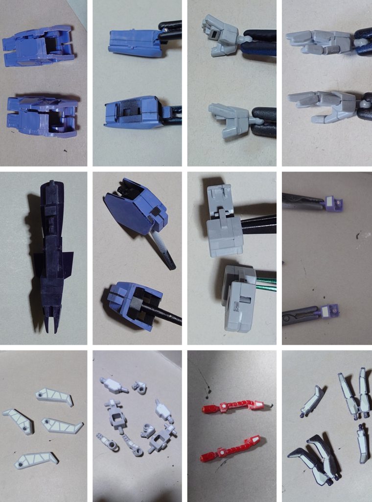 合わせ目消し、肉抜き穴埋め等の様子。合わせ目消しは、胸部(モビルアーマー時の機種)裏側、前腕、武器持ち手、平手、膝関節、足首に実施。肉抜き穴埋めは、胸部(モビルアーマー時の機種)先端の裏側、肩関節裏側、上腕内側、上腕パイプ裏側、前腕クロー裏側、足首踵クロー基部、踵クロー内側、背中ブースター接続軸に実施。それ以外の合わせ目については、合わせ目を段落ちモールド化したり、合わせ目の反対側にデザインナイフで筋彫りを入れて誤魔化しました。