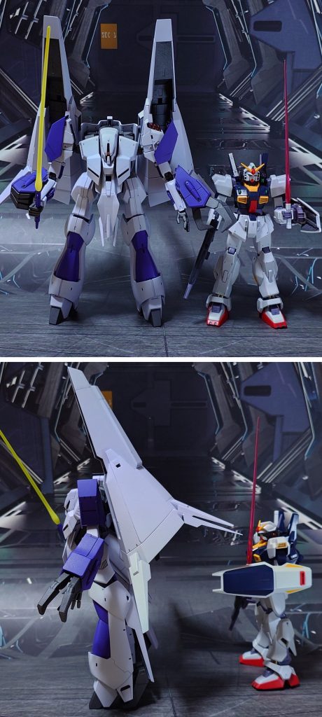 HGUCガンダムMk-Ⅱとのサイズ比較。■塗装レシピ白:パーツ裏側に黒サフ→パーツ表側にグレーサフ→パープルヘイズ→光沢→つや消し紫:黒サフ→パープル→光沢→つや消しグレー:黒サフ→ブライトガンメタル→つや消しミサイル赤:黒サフ→メタリックレッド→光沢ポリキャップ:PPプライマー→ブライトガンメタル→つや消しABS製パーツ:ミッチャクロンマルチプライマー→(各色)モノアイレール:黒サフ→ブラック→つや消しモノアイ:市販のレンズパーツと市販のシール素材を併用→光沢機首ツインアイ、リアアーマーセンサー:キット付属シールにガンダムマーカー・メタリックピンク→光沢ビームサーベル刃エフェクト:先端側にクリアイエロー→根元側にグランプリホワイト→全体に蛍光イエロー展示ベース:黒サフ→光沢→つや消しその他墨入れ・部分塗装:ガンダムマーカー各種