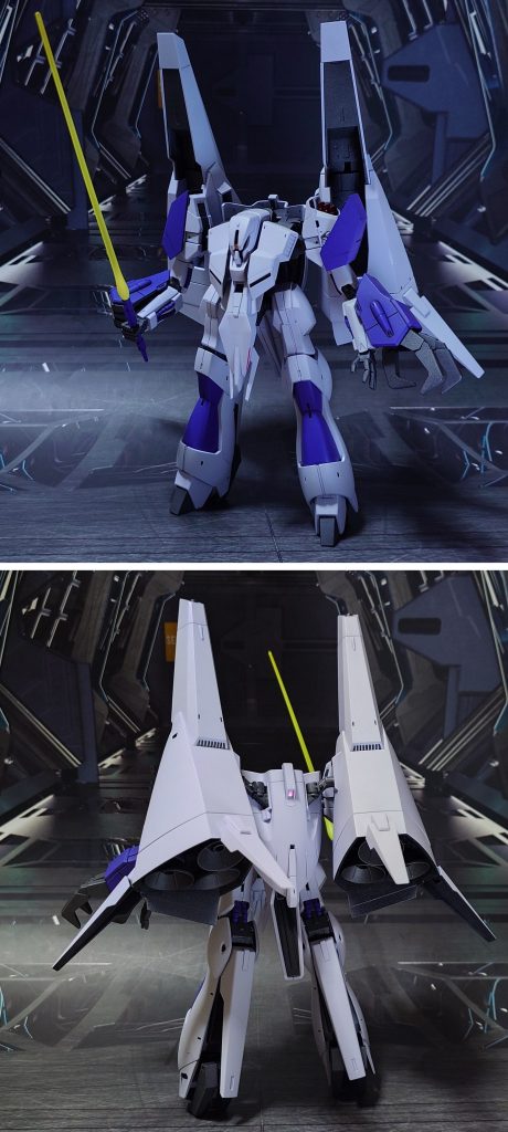 メッサーラ(MS形態)の前後ろ。工作は、ゲート痕処理、エッジ尖らせ、パーティングライン・段ズレ・ヒケの対処、面出し、合わせ目消し、肉抜き穴埋め、穴開け、市販パーツ貼り付け・埋め込みによるディティールアップ、可動軸への真鍮線埋め込みを実施。