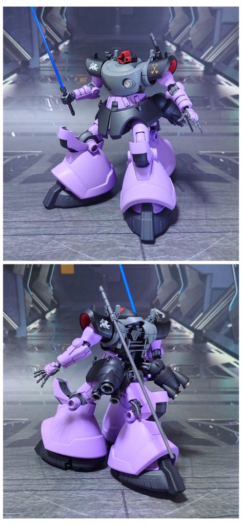 リック・ドム(GQ)“バンダースナッチ”、3脚モードで前後ろ。このリック・ドムは脳内設定で、GQuuuuuuX作中のガイア機・オルテガ機とは別個体、別のクランに所属する機体、ということにしています。ガンプラとは無関係のデカールを“バンダースナッチ”に見立てて貼り付け、パーソナルマークとしました。