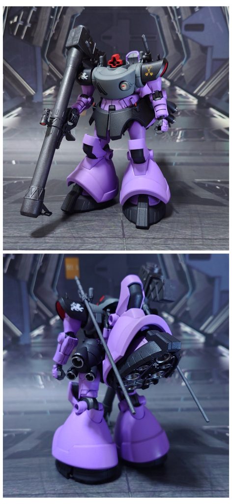 リック・ドム(GQ)“バンダースナッチ”の前後ろ。工作は、ゲート痕処理、パーティングライン・段ズレ・ヒケの対処、面出し、合わせ目消し、肉抜き穴埋め、穴開け、市販ディティールアップパーツの貼り付け・埋め込み、可動軸への真鍮線打ち込みを実施。