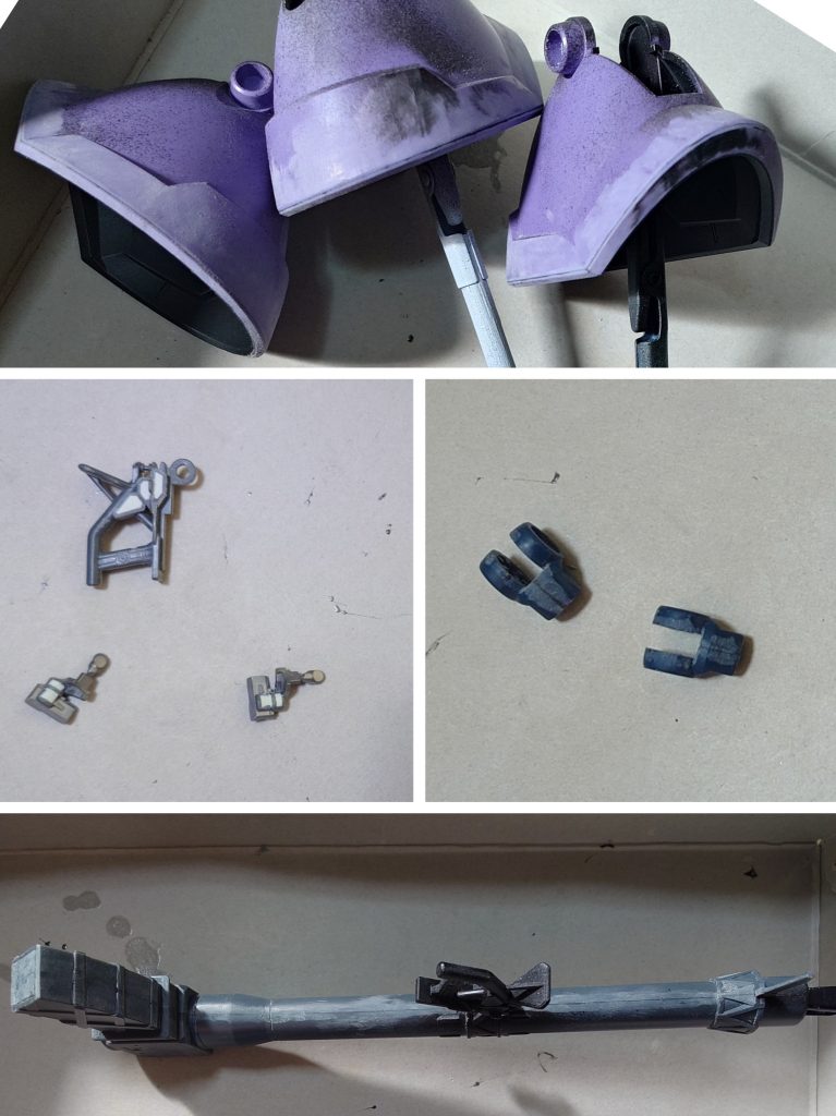 合わせ目消しと肉抜き穴埋めの様子。合わせ目消しは、肘関節、脛の裾部分、バズーカに実施。肉抜き穴埋めは、ヒートサーベルラック、バズーカグリップに実施。