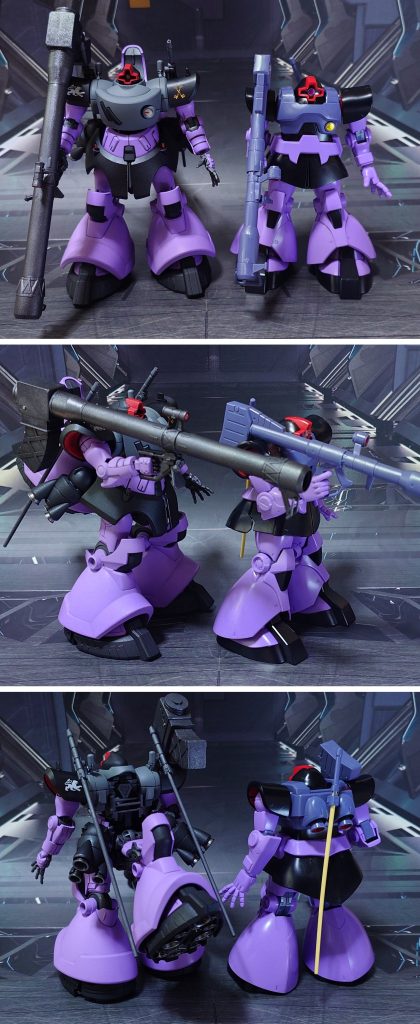 HGUCリック・ドムとの比較。■塗装レシピ紫：黒サフ→MSパープル→光沢→つや消し黒：黒サフ→メタリックブラック→つや消しグレー：黒サフ→呉海軍工廠グレイ→光沢→つや消し赤：グレーサフ→MSレッド→光沢→つや消し銀：黒サフ→シャインシルバー→光沢関節類グレー：黒サフ→ブライトガンメタル→つや消しバズーカグレー：黒サフ→ガンメタル→つや消しヒートサーベル刃(使用時)：白サフ→クリアブルー→光沢頭部モノアイ、バズーカセンサー：市販のレンズパーツ裏面に市販のシール素材を貼り付け→光沢バズーカ発射エフェクト(噴射炎)：蛍光オレンジバズーカ発射エフェクト(噴煙)：つや消しその他部分塗装、墨入れ：ガンダムマーカー各種→つや消し