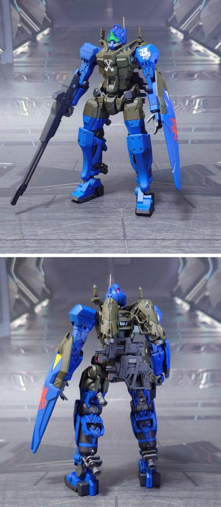 ゲルググ(GQ)“ジャバウォック”の前後ろ。工作は、ゲート痕処理、パーティングライン・段ズレ・ヒケの対処、面出し、合わせ目消し、肉抜き穴埋め、穴開け、市販ディティールアップパーツの貼り付け・埋め込み、可動軸への真鍮線打ち込みを実施。