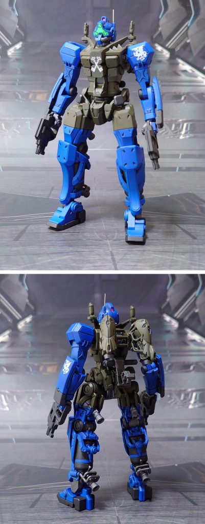 ゲルググ(GQ)標準装備で前後ろ。このゲルググは脳内設定で、GQuuuuuuX作中のスガイ機・ボカタ機とは別個体、別のクランに所属する機体、ということにしています。ガンプラとは無関係のデカールを“ジャバウォック”に見立てて貼り付け、パーソナルマークとしました。デカールがちょっと大きい+素材が弱いので色々失敗、在庫を無駄にしてしまったり、使いたい色を使い切ってしまって妥協した部分もありますが、これも経験、ということで。