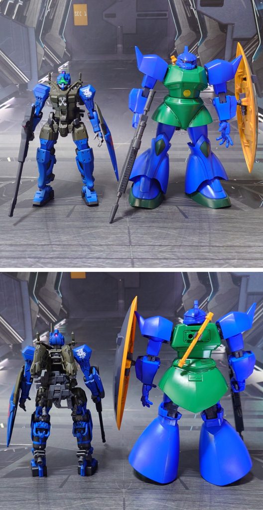 HGUCガトー専用ゲルググとの比較。■塗装レシピ青∶黒サフ→インディブルー→光沢→つや消し緑：黒サフ→オリーブドラブ→光沢→つや消し黒：黒サフ→メタリックブラック→つや消し黄：イエロー→つや消し関節類グレー：黒サフ→ブライトガンメタル→つや消し武器類濃グレー：黒サフ→MSグレー連邦系→つや消しシールド青∶黒サフ→ブラック→インディブルー→光沢→つや消しシールド緑：黒サフ→ブラック→オリーブドラブ→光沢→つや消し頭部バイザー緑：グランプリホワイト→蛍光グリーン頭部センサーピンク：グランプリホワイト→蛍光ピンクビームライフルセンサー：市販のシール素材を使用ビーム刃エフェクト：先端側にクリアイエロー→根元にグランプリホワイト→全体に蛍光イエローその他墨入れ・部分塗装：ガンダムマーカー各種