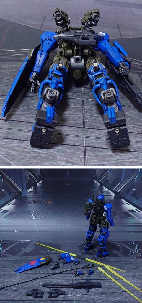 下からのアングルと付属品一式。ビームサーベル刃エフェクトは黄色に変更と共に、長いエフェクト(SB-13)も1セット追加。更に、HGイージスガンダムからビームライフル、シールドを追加しました。