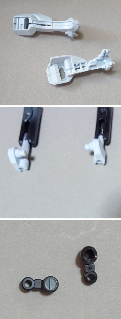 合わせ目消しと肉抜き穴埋めの様子。合わせ目消しは、脛装甲、後述の追加ビームライフルに実施。肉抜き穴埋めは、足首関節裏、バックパックの接続アームに実施。