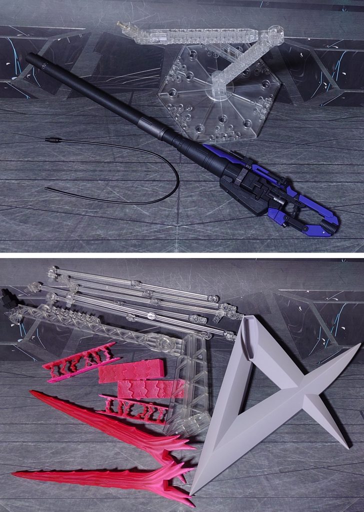 付属品一式。■塗装レシピ黒:黒サフ→メタリックブラック→つや消しグレー:黒サフ→ガンメタル→つや消しパープル:黒サフ→パープル→つや消しジョイントパーツ類:黒サフ→光沢→つや消し展示ベース台座:つや消しフィン・ファンネル用エフェクト:先端側にメタリックレッド→根元側にベースホワイト→全体に蛍光ピンクその他部分塗装、墨入れ:ガンダムマーカー各種→つや消し