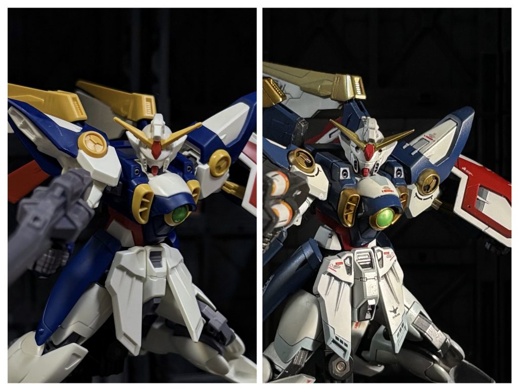 パチ組みとの比較です。翼の付け根を5ミリ高くしています。エントリーなのにディティールがしっかりしているのはHGの金型をベースにしているからのようですね。