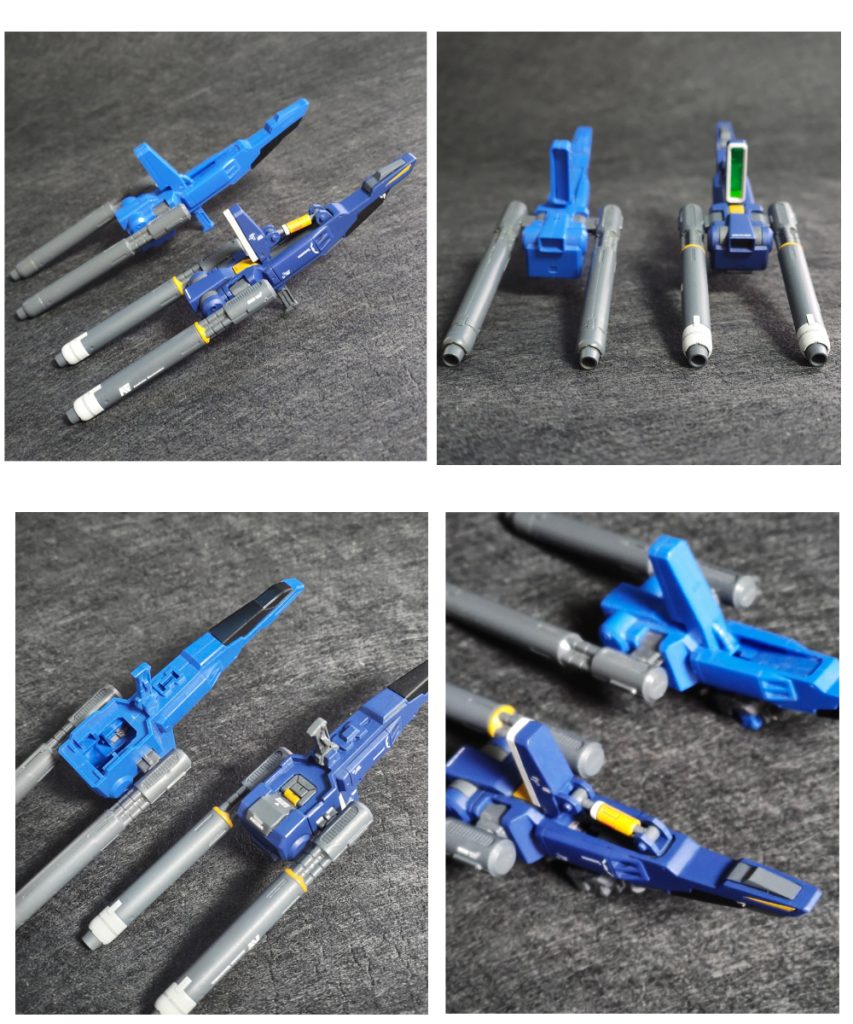 ▲ダブルビームライフルセンサー後方部をアーティファクトのシリンダーディテールを真似ました。銃身との幅詰め、変形用の空洞をディテールを追加して目隠し、MGの変形ギミックを参考にモールド追加。