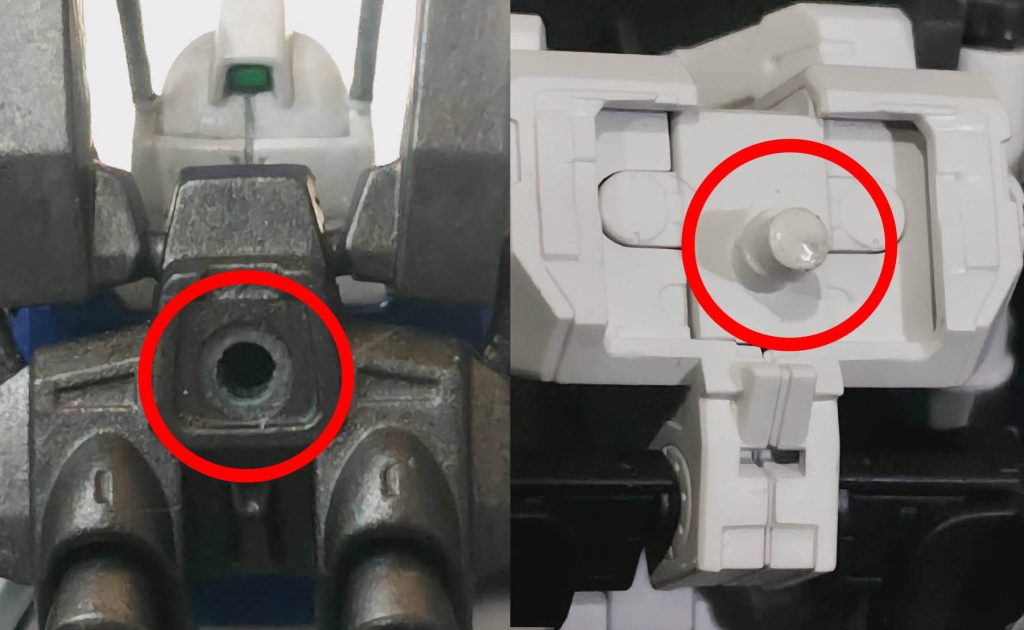 スーパーガンダムのバックパックのピン穴とグラスフェザーのピンが都合良くハマります。ただし入りが浅いので、一工夫しないと簡単に外れてしまいます(私は塗料の厚塗りで誤魔化しました……)。