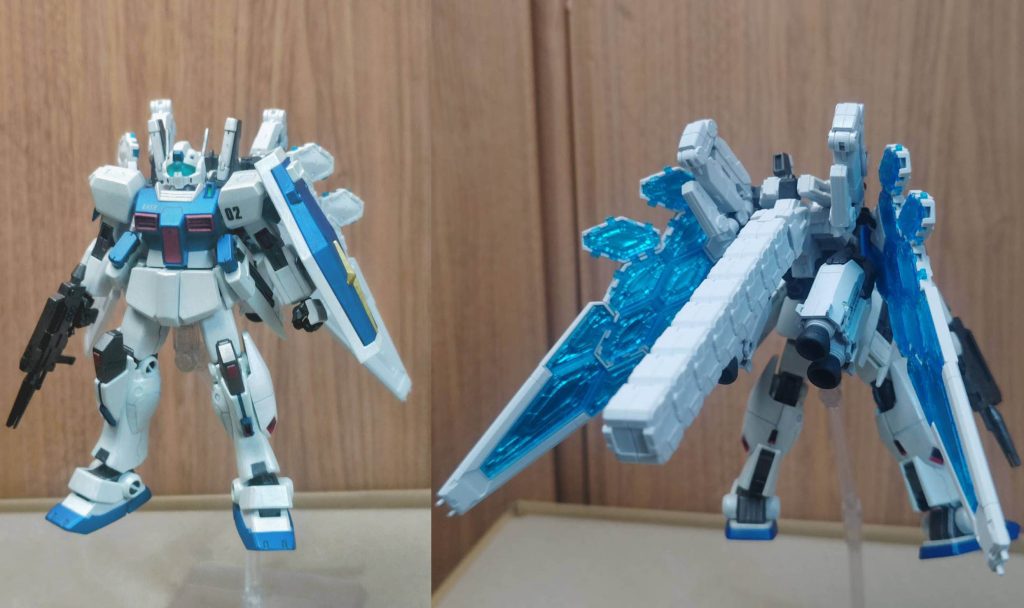 前後ショット。フェザー広げたらスキャン範囲を超えてしまったので、仕方なくこの形に。両肩のミサイルポッドも、背中のサーベルラックと一体化判定されてしまう可能性があったので外しました。