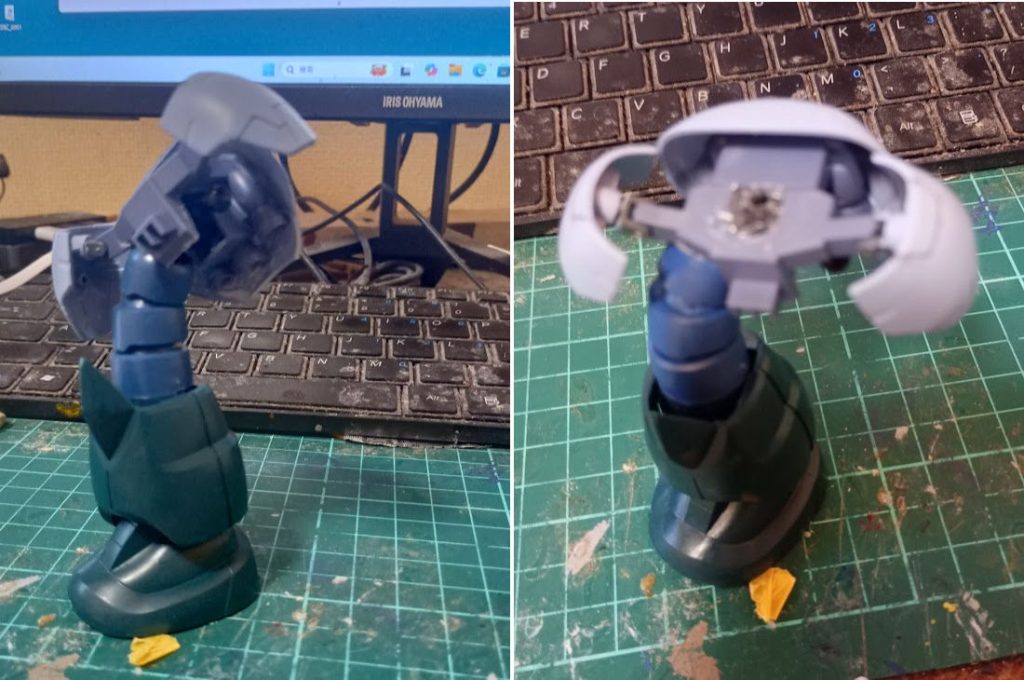 股関節は上図のようにモンキーロディの股にズゴックのボールジョイント部を押し込み、上半身フレームとの接続部はポリキャップを埋め込みました。（結構簡単）