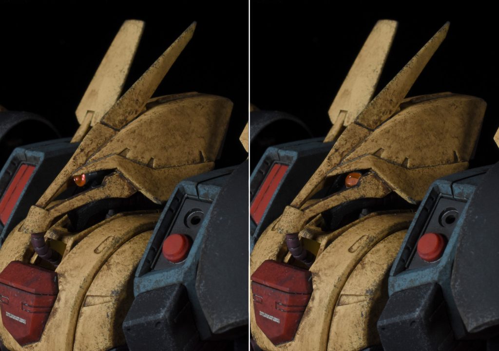 ベースキットではシールを貼るだけのモノアイは可動式に改造しています。