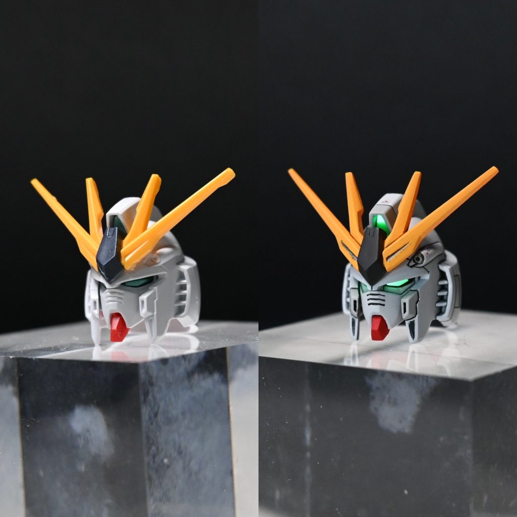 つや消し前の頭部とのビフォーアフター。パッと見の変化はさほどありませんが、フェイスラインとアゴは削り、頬の内側を薄くすることでやや面長な印象を解消しています。ツインアイは蓄光グリーン+蛍光イエロー+ホワイトの混色で発酵表現できるようにしています。