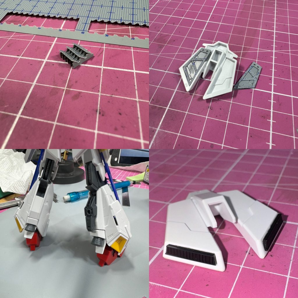 左上:プラ板でスラスター作成右上:スカート裏に内部フレーム作成左下:脚部にフレームがはみ出た感じで追加右下:タイラップでスラスター作成