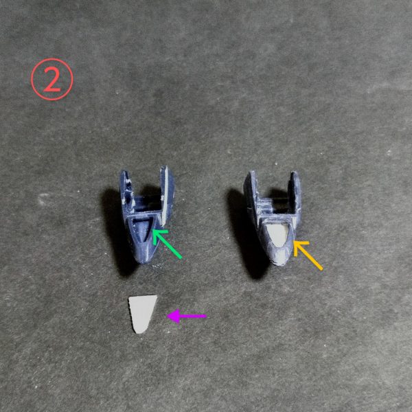 今回は腕部の加工です。①基本的に前作のザクウォーリア同様プラ材で内部構造を作りアルミ線接続での可動化になります。②肩の緑の矢印のところをくり貫いてプラ板にモールドを彫って取付け。黄色の矢印のように見栄えが良くなりました。ブリッツガンダム製作かなり先が見えてきましたね🤣（2枚目）